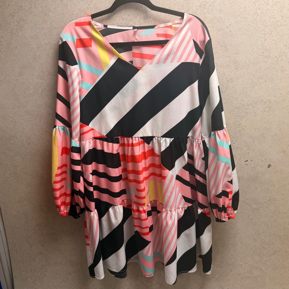 Womens L Abstract Geometric Striped Dopamine Babydoll Mini Dress